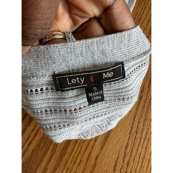 Lety & Me Light Gray Lace Knit Sweater V-Neck With Criss Cross & Crochet Accent - Picture 3 of 10